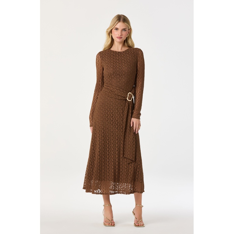 Belted Lace Midi Dress Brown