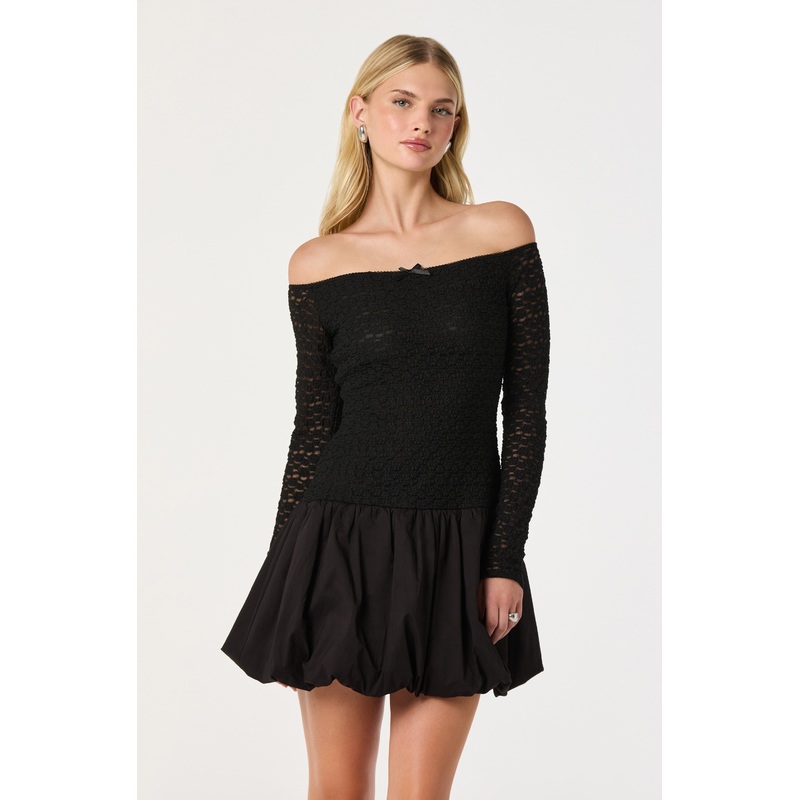 Off Shoulder Mixed Media Dress Black