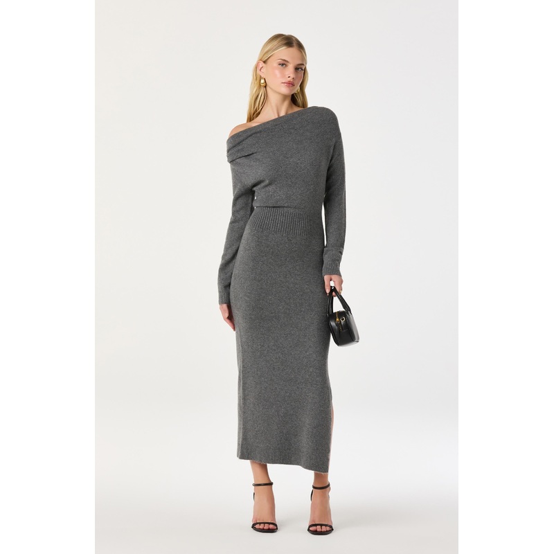 One Shoulder Midi Sweater Dress Charcoal