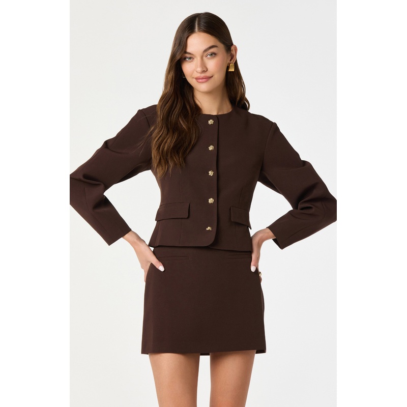 Collarless Tailored Blazer Brown
