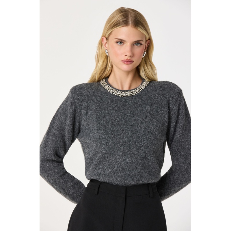 Embellished Collar Crewneck Sweater Charcoal grey