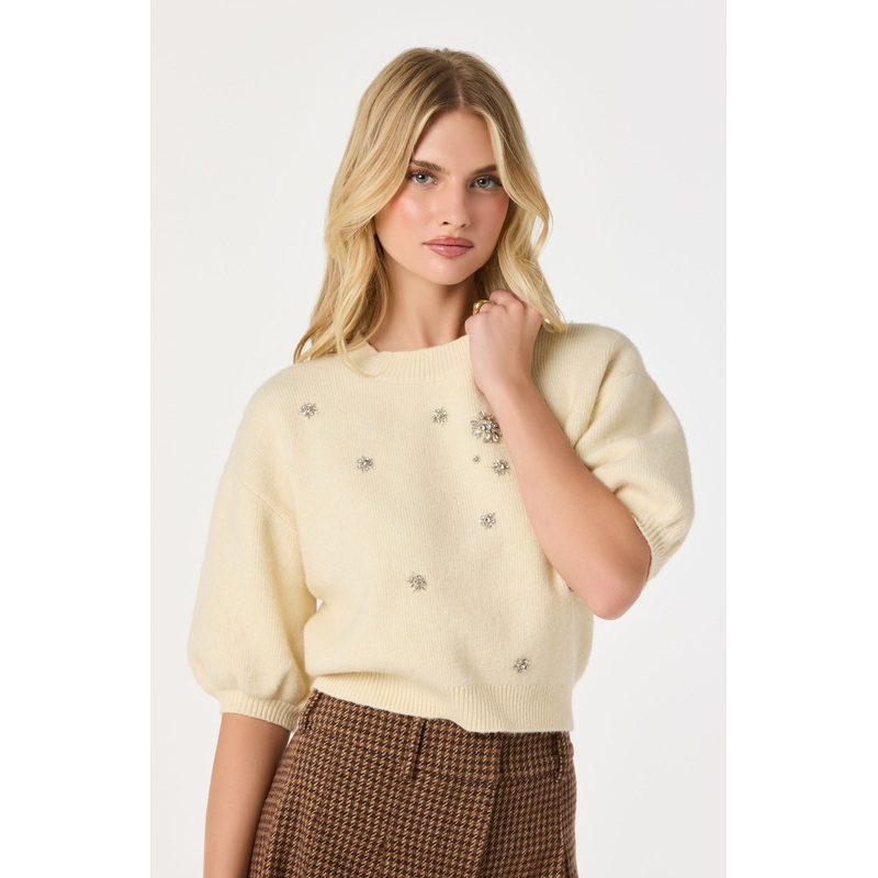 Jewel Embellished Puff Sleeve Sweater Cream