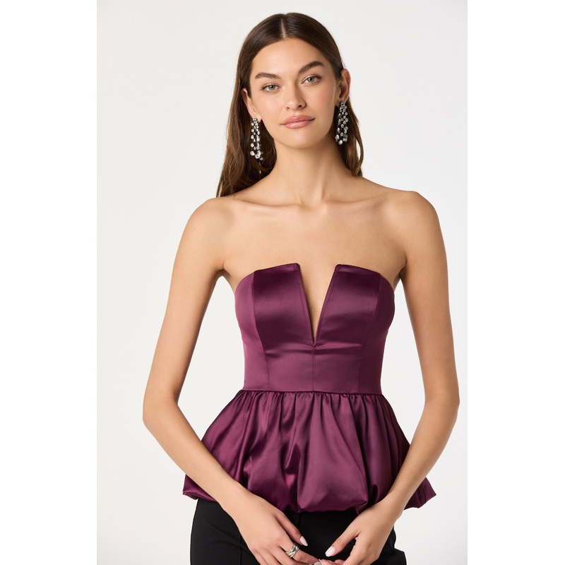 Satin Strapless Plunge Peplum Top Wine