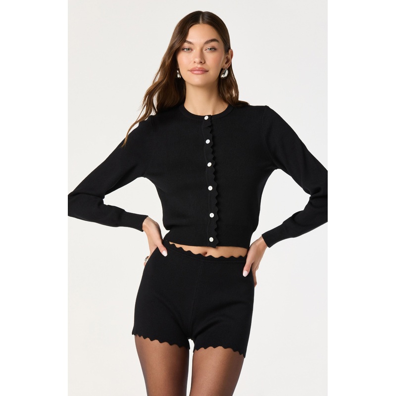 Scalloped Crewneck Cardigan Black