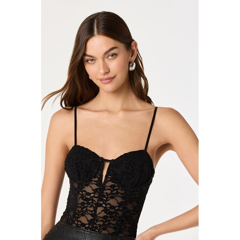 Semi-Sheer Lace Bodysuit Black