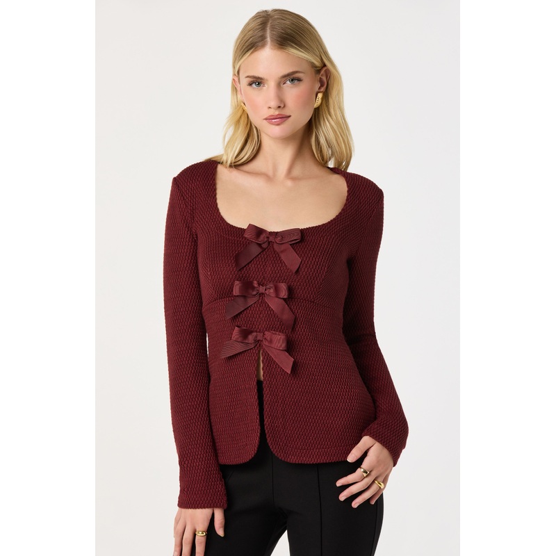 Textured Bow Flyaway Top Burgundy