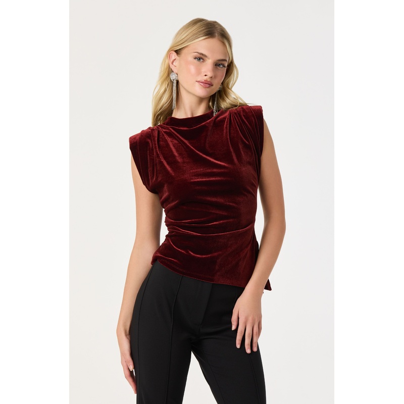 Velvet Draped Asymmetric Top Burgundy
